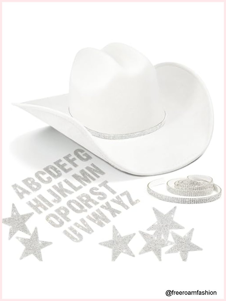 Rhinestone Cowgirl Hat With Patches And Hat Band